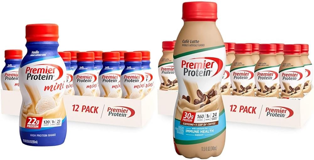 Premier Protein Shake MINI Vanilla 22g Protein 120 Calories Pack of 12 & Café Latte 30g Protein 160 Calories Nutrients for Imunitate Health Pack of 12