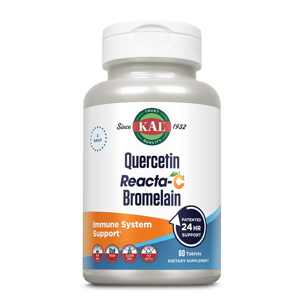 Kal Quercetin Reacta- C Bromelain Imunitation Supplement, 24 hodinová imunitní obrana s bioflavonoidy, Vitamin C 1000mg a Quercetin 500mg, Vegan, Gluten Free, 60denní záruka, 30 Serv, 60 tablet