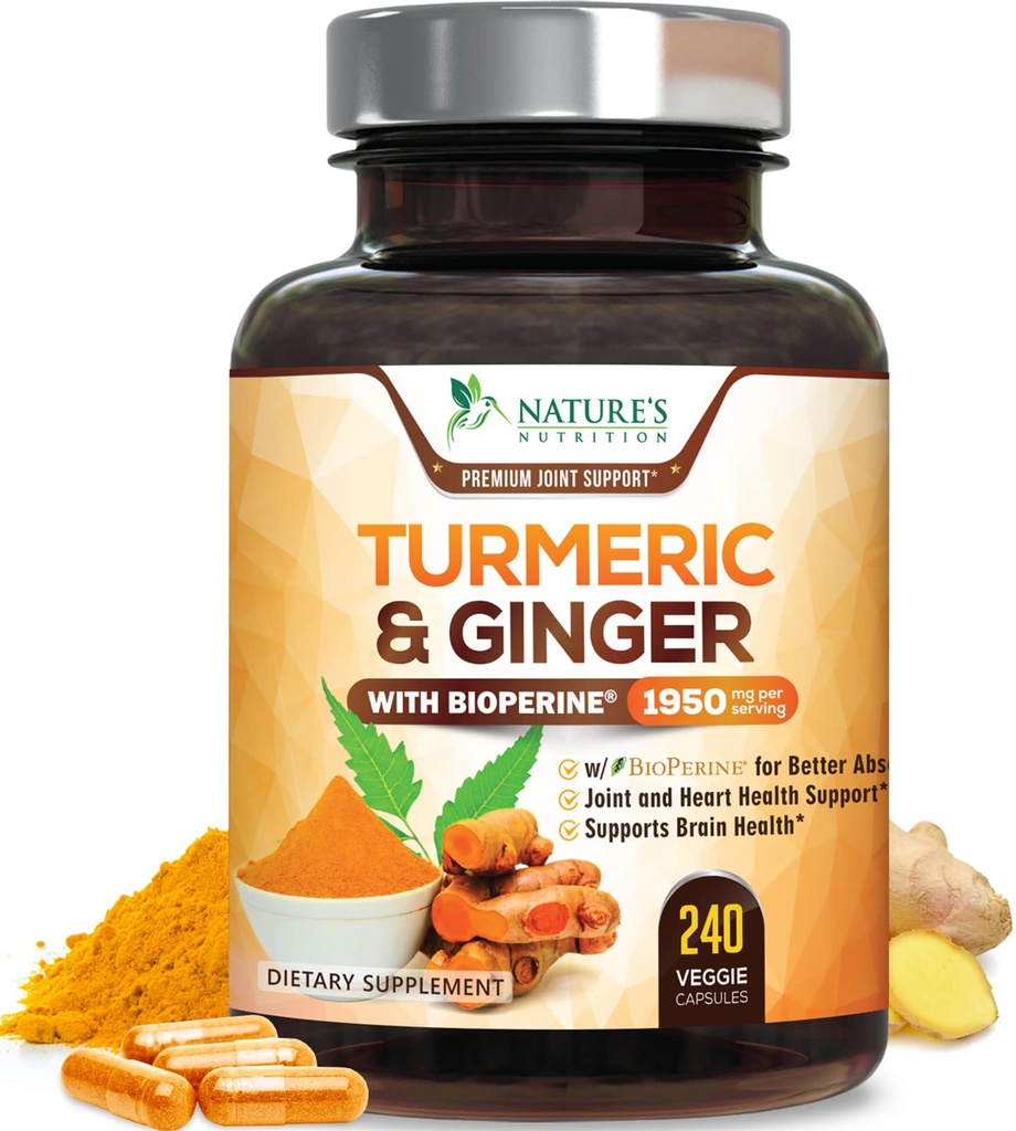 Kurkumin dodatek 1950mg - 95% kurkuminoidy s organickou kurkumou & Ginger, BioPerine Black Pepper pro nejlepší absorpci, Nature Vegan Joint Support, Non- GMO, Lahve v USA - 240 Kapsle