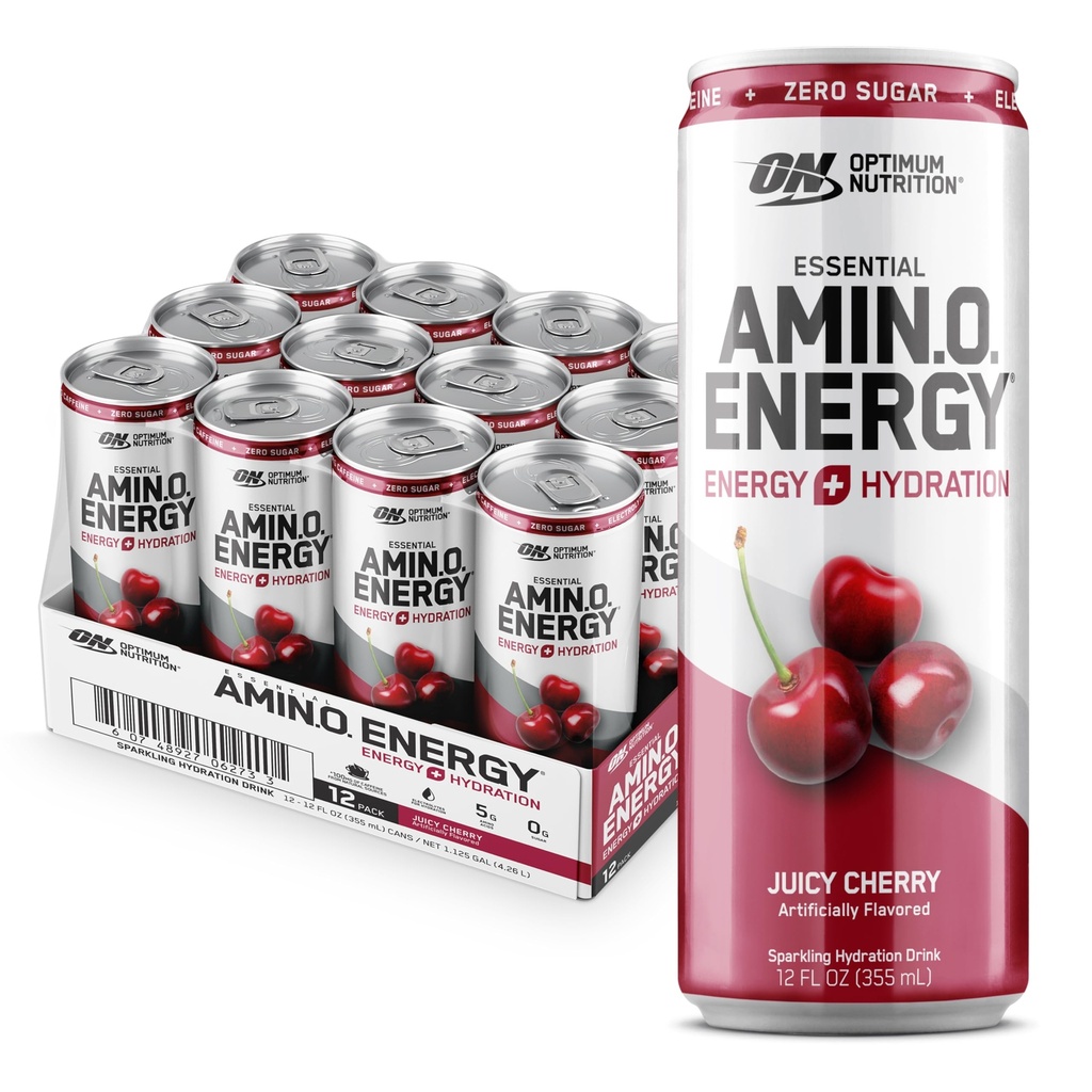 Optimum Nutrition Amino Energy Sparkling Hydration Drink, Electrolytes, kofein, aminokyseliny, BCAA, cukr zdarma, šťavnaté třešně, 12 Fl Oz, 12 Pack (Balení květen Vary)