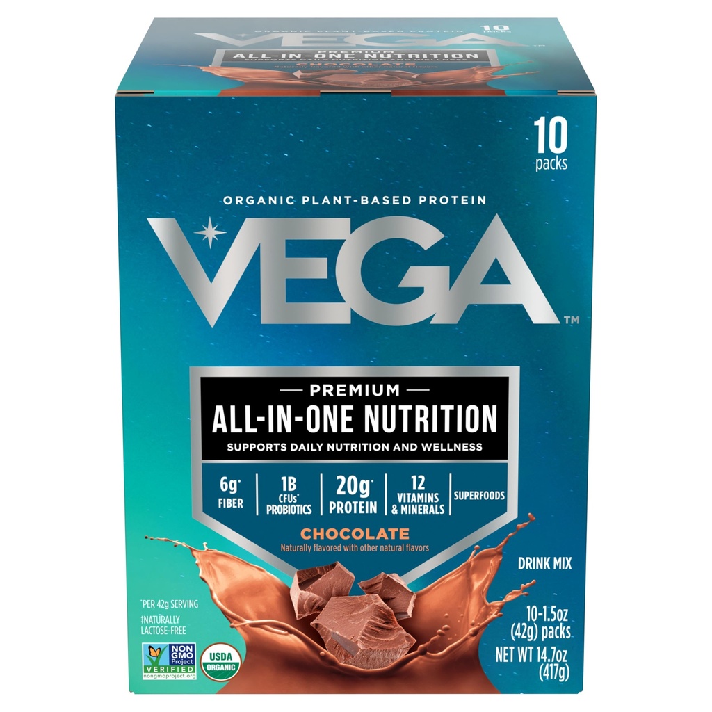 Vega Organic All- in- One Vegan Protein Powder, Chocolate - Superfood Ingredients, Vitamíny pro podporu imunity, Keto Friendly, Pea Protein pro ženy a muže, 14.7 oz (Balení květen Vary)