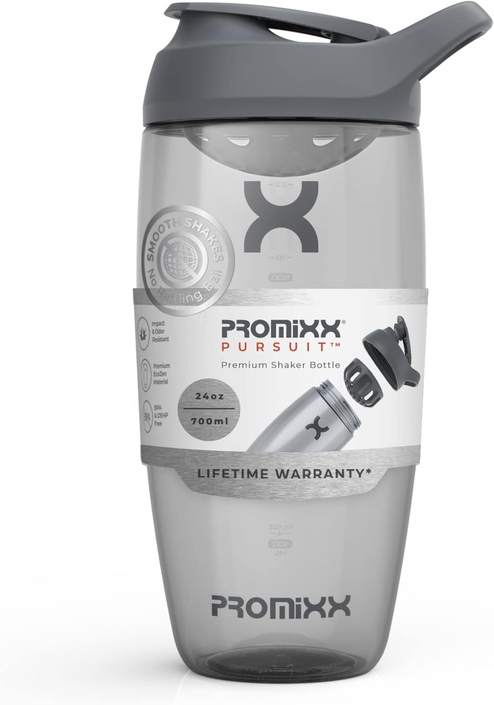 Promixx Pursuit protein Shaker Bottle (24 oz) - Silent No-Ball Mixer, Leak-Proof Lid, BPA / BPS & Phtalate-Free ECOZEN - Easy- Clean Shaker Cup for Protein Shakes, Pre & Post- Workout Smoothies