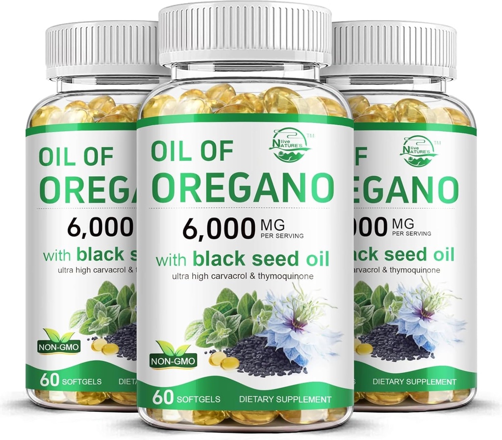 Příroda je živý olej oregano s černým semenným olejem, 2 v 1 Oregano dodatek pro imunitní zdraví, uchovává vysoce koncentrovaný karvacol & Thymoquinone, Non- GMO, 3 Pack