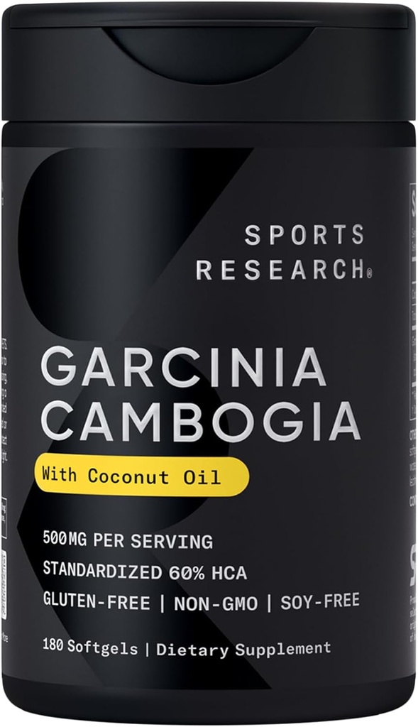 Sport Research Garcinia Cambogia Extract (60% HCA) s extra Virgin Organic Coconut Oil CLAS124; Non- GMO, Soy & gluten zdarma (180 Tekuté Softgels)