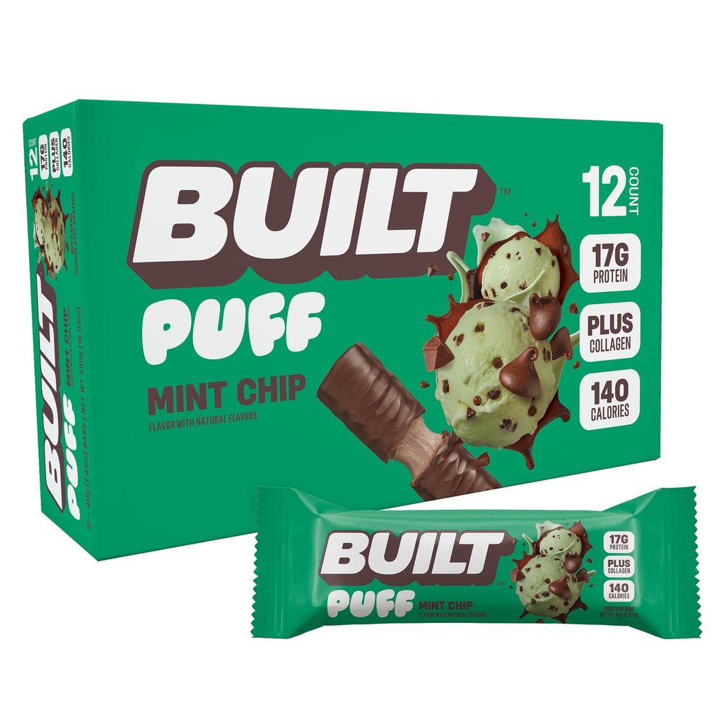 Stavěný bar, Puff Protein Bary, Mint Chip Puff, 17g Protein Snacks, On-The- Bary, Pouze 140 kalorií, 6g cukru, kolagen, gluten zdarma, 12 Počet
