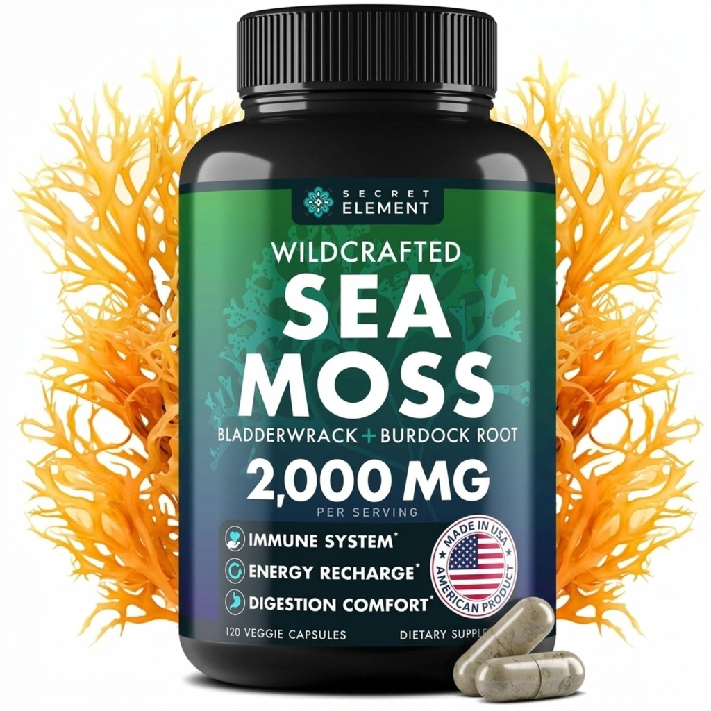 Mořské kapsle - Irský Moss Moss Pokročilý s Burdock Root, Bladderwrack & Muira Puama pro imunitu, Gut, & Energy - Superfood Moss Moss doplňky w / Syrový Moss Moss Powder - 120 Irish Seamoss pilulky