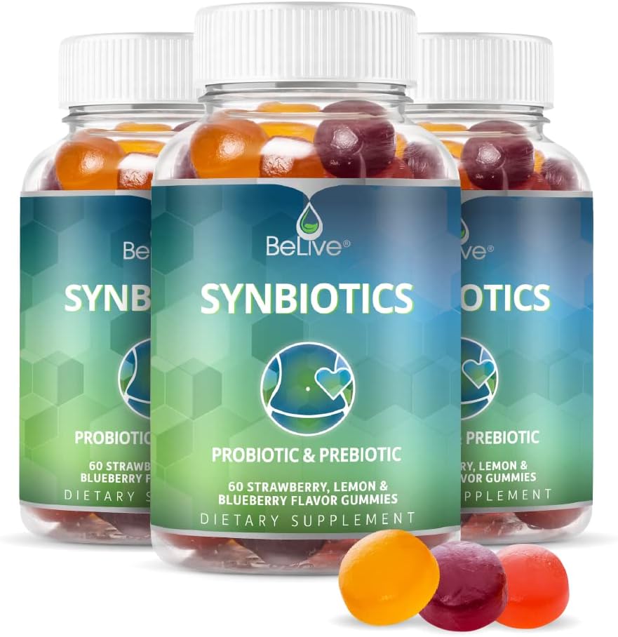 BeLive Synbiotika - Probiotické a prebiotické Fiber Gummies - Vysokopevnostní Inulin (3g), dodatek pro dietní fiber, stravovací podpora pro děti a dospělé - Jahoda, Lemon, Blueberry Flavor 124; 3-Pack