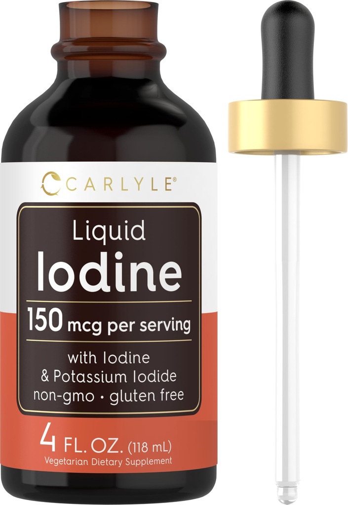 Carlyle Liquid Iodine Drops 4 fl oz CLAS124; 150 mcg CLAS124; Jod & Draslík Iodid dodatek CLAS124; Vegetarian Liquid Tincture CLAS124; Non- GMO, gluten zdarma