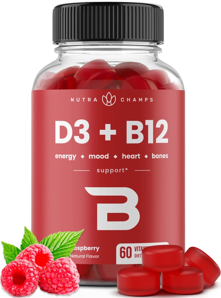 NutraChamps Vitamin D3 & B12, Methyl B12 Gummies pro dospělé a děti, Vylepšený vitamínem D 3 & B9 Vitamin Folát, Přírodní energie, Mood, Metabolismus & Focus, Malina, 60 Gummies