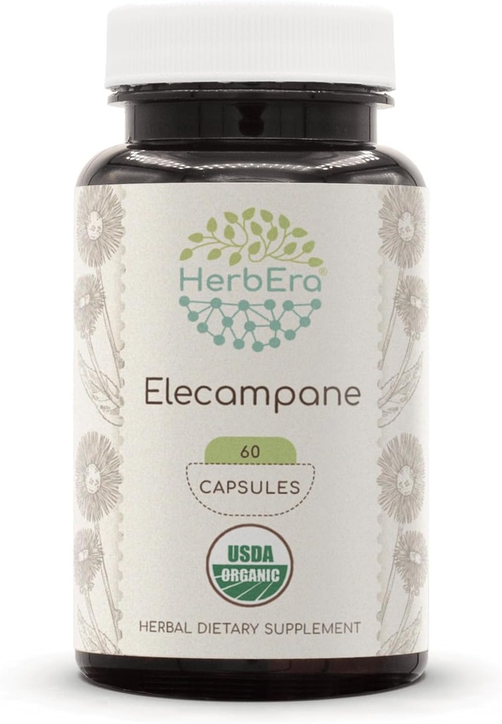 HerbEra Elecampane USDA Organic 60 Kapsle 124; Přírodní Bylinný dodatek 124; Certifikované Organic Vegetarian Kapsle a Organic Electempane (Inula Helenium) Sušená kořenová (60 Kapsle)
