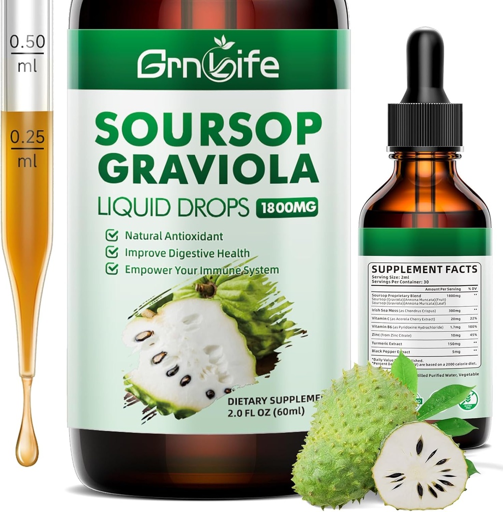 (1 Pack) Soursop Graviola Liquid Drop with Sea Moss & Turmeric, Soursop Bitters Liquid for Cell Support & Regeneration, Antioxidant and Imunity, 2 Fl / Oz