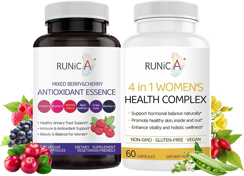 Dámské Wellness Duo - 4- in-1 Zdravotní komplex a antioxidant dodatek pro hormonální rovnováhu, pleť & energie, Menopauza & imunitní podpůrná kapsle