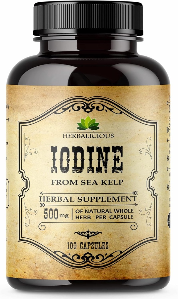 HERBALICIOUS Jod Tablety - Přírodní jód z mořské Kelpy - Příplatek na podporu štítné žlázy pro energii, trávení, Brain & Bone Health - Non- GMO, Gluten- Free - 100 Kapsle