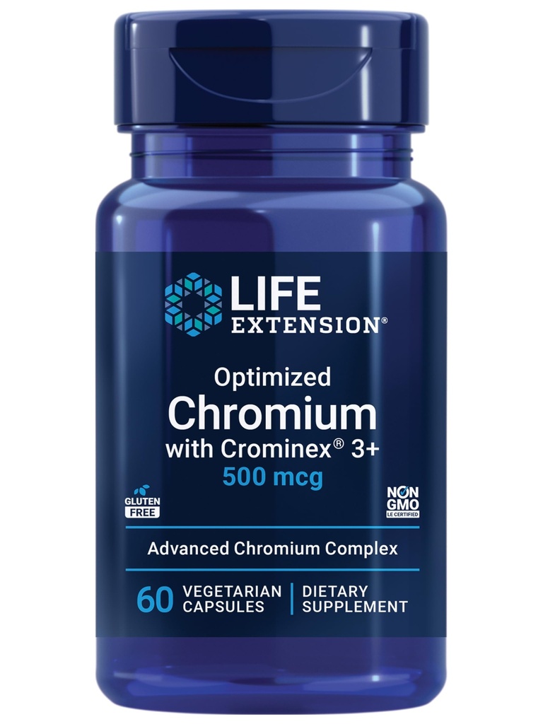 Life Extension Optimalizovaný chrom s Crominex 3 + 500 mcg, Metabolismus Zdraví, Zdravá rovnováha, Vegetariánské, Gluten Free, Non- GMO, 500 mcg, 60 Vegetariánské kapsle