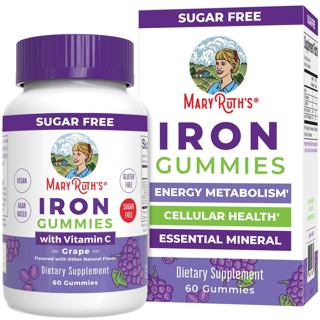 MaryRuth Organics Iron Gummies pro 14 + s vitaminem C pro absorpci 124; bez cukru 124; Gumový doplněk železa + VIT C 124; Energy Metabolismus 124; Buněčné zdraví 124; Imunitní podpora 124; Vegan 124; Non- GMO 124; 60 Počet