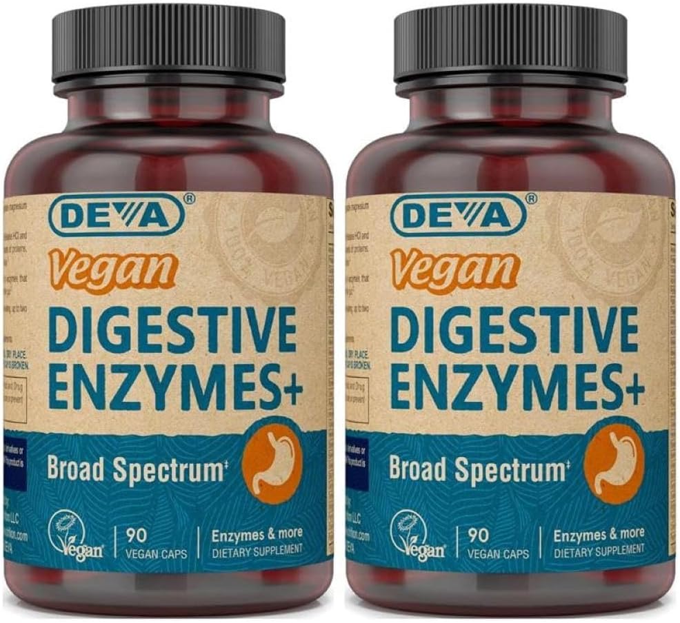 Deva Vegan Vitamíny Stravovací Enzymy Plus Dodatek - Unikátní směs enzymů & Byliny - 90 Kapsle (Balení po 2) Balení květen Vary