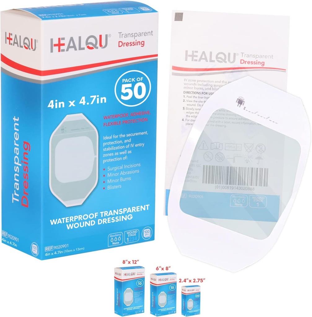 Transparentní filmový dresing 4 "x 4.75" (50 Pack) - vodotěsné adhezivní zranění obvazy pro postchirurgickou sprchu, IV štít, Tattoo aftercare, jasné dýchatelné dress Patches by HEALQU