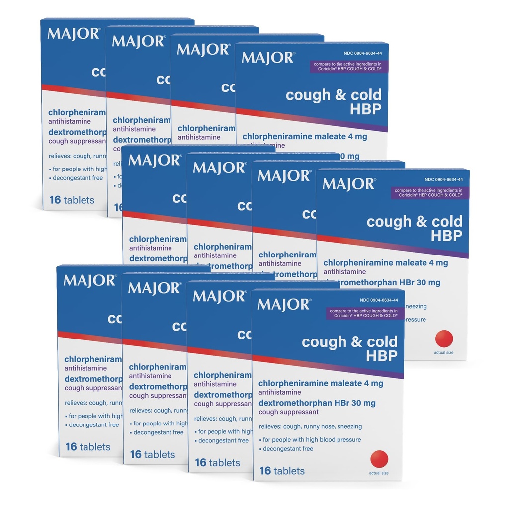 MAJOR Kašel a studené HBP tablety - Antihistaminikum a Kašel Conpressant pro lidi s vysokým krevním tlakem - Dextromethorfan HBr, Chlorfeniramin Maleate - 16 Počet (12 balení)