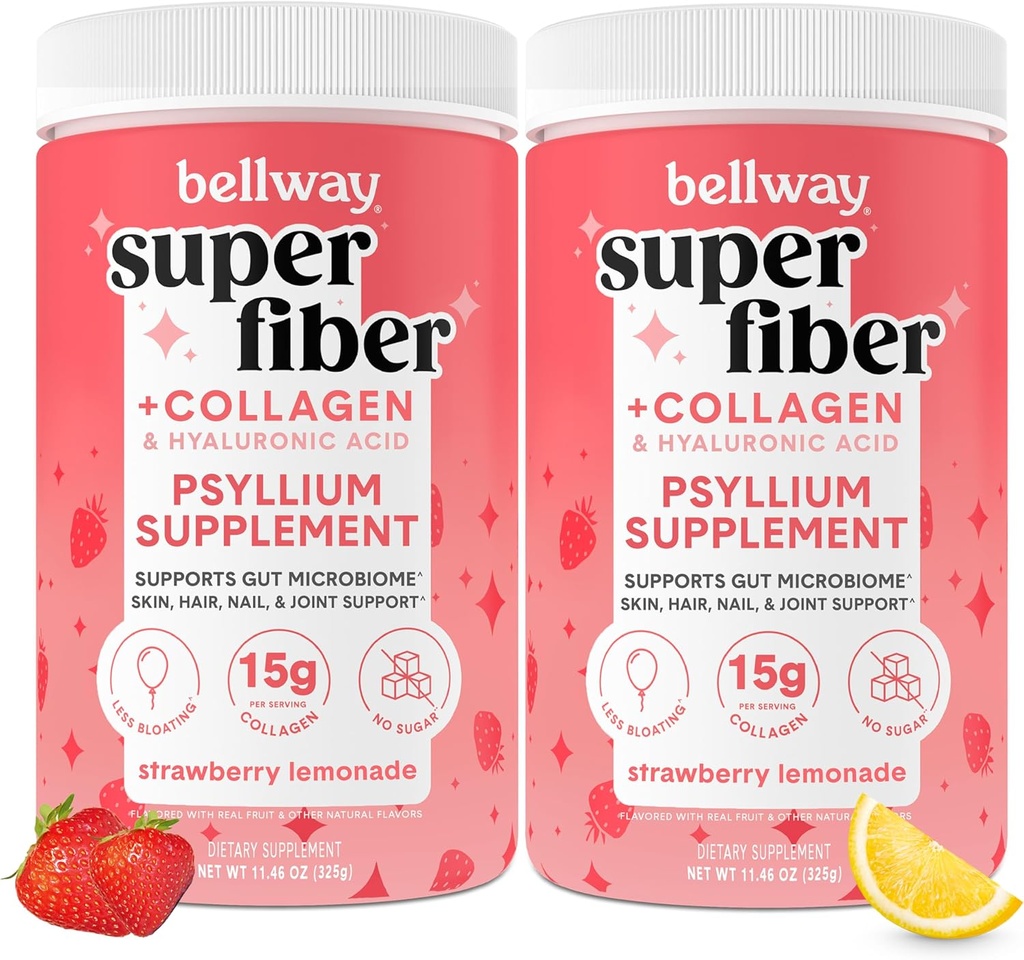 Bellway Super Fiber Powder + Collagen (2 Pack), Sugar- Free Psylium Husk Powder with Collagen Peptides for Gut Health, Health Skin, Hřebíky, Kosti & Jointy, Jahodová limonáda (22.92 oz)