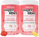 Bellway Super Fiber Powder + Collagen (2 Pack), Sugar- Free Psylium Husk Powder with Collagen Peptides for Gut Health, Health Skin, Hřebíky, Kosti & Jointy, Jahodová limonáda (22.92 oz)