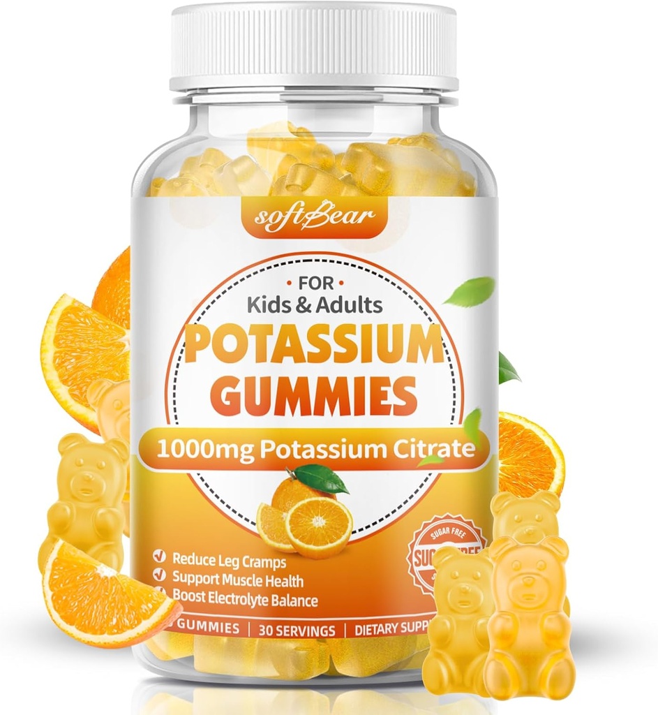 softbear kalium Citrát 1000mg, Cukr bez kaloriových gumiček pro dospělé podporu nohy křeče & Muscle Health High Potency Draslík Dodatek gumies Orange Flavor 60 Počet