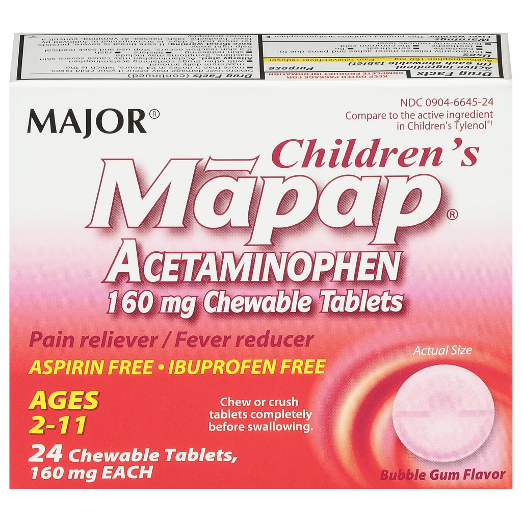 MAJOR Dětské mapap Acetaminofen 160 mg Žvýkací tablety - Reliever bolesti / Reducer horečky - Aspirin Free - Ibuprofen Free - pro věk od 2 do 11-24 Počet (1 balení)