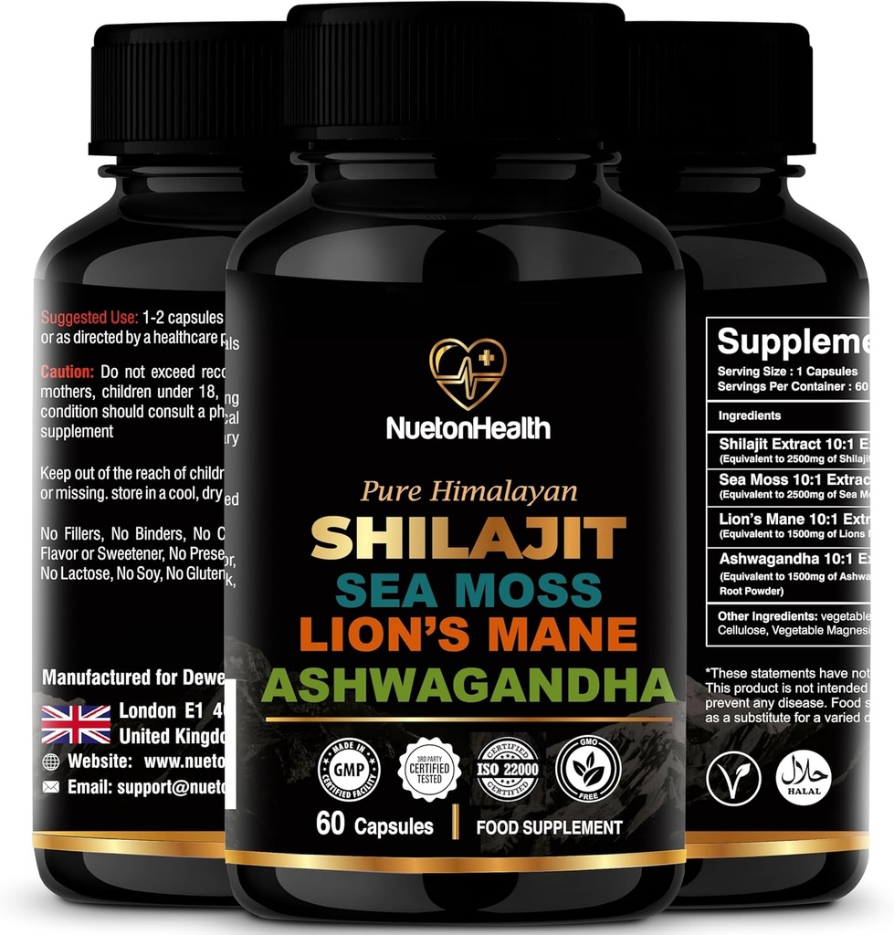Shilajit, Moss Moss, Lví hříva, a Ashwagandha Kapsle - Komplexní All- in- One Wellness dodatek pro mysl, tělo a vitalitu - 60 Veganské Kapsle
