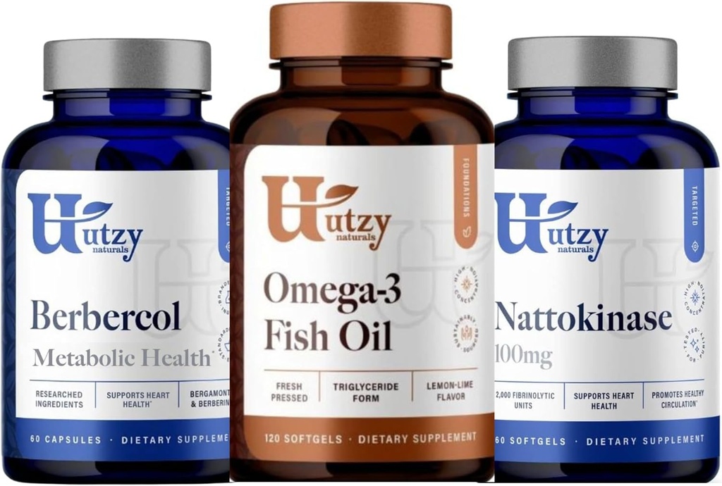 Utzy Naturals Berbercol 124; 500mg Citrus Bergamot (jako Bergamonte) & Berberine, Nattokinase Auth124; 100mg + Omega 3 Fish Oil