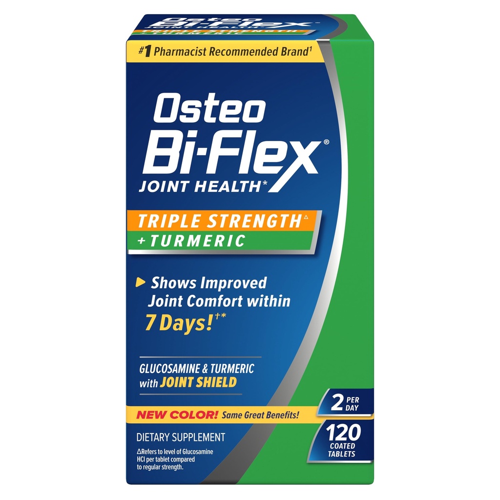 Osteo Bi-Flex Glucosamine Triple Strength Plus Kurkumin pro společnou podporu a rozsah pohybu, 60 denní dodávky, 120 potahovaných tablet, Společné zdraví Nutriční doplňky