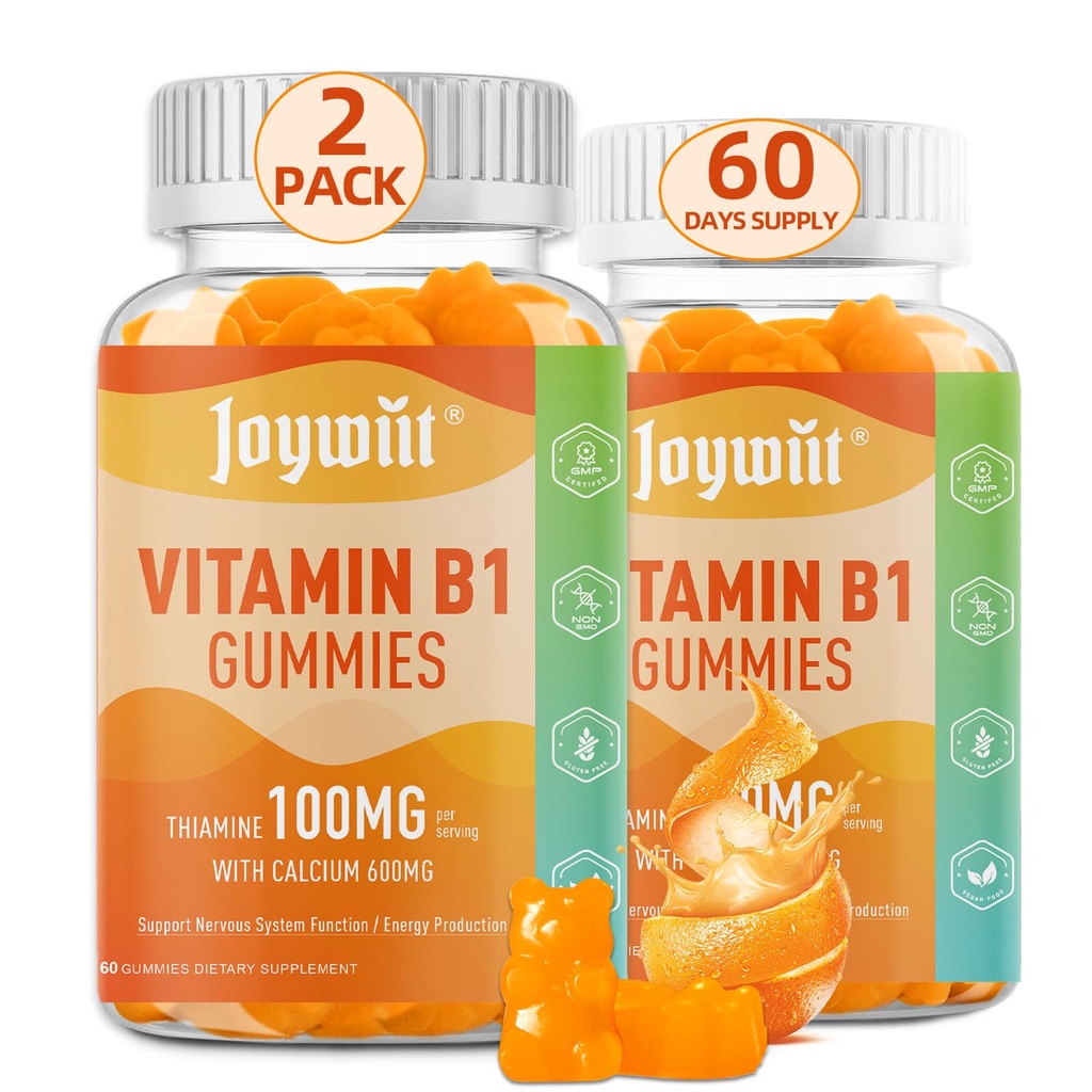 Vitamin B1 Gummies 100mg pro dospělé a děti, Thiamin B1 Dodatek s 600 mg vápníku, Nervový systém Podporuje a zvyšuje energii, Orange Flavor, Non GMO, Vegan, 120 Žvýkací gumy