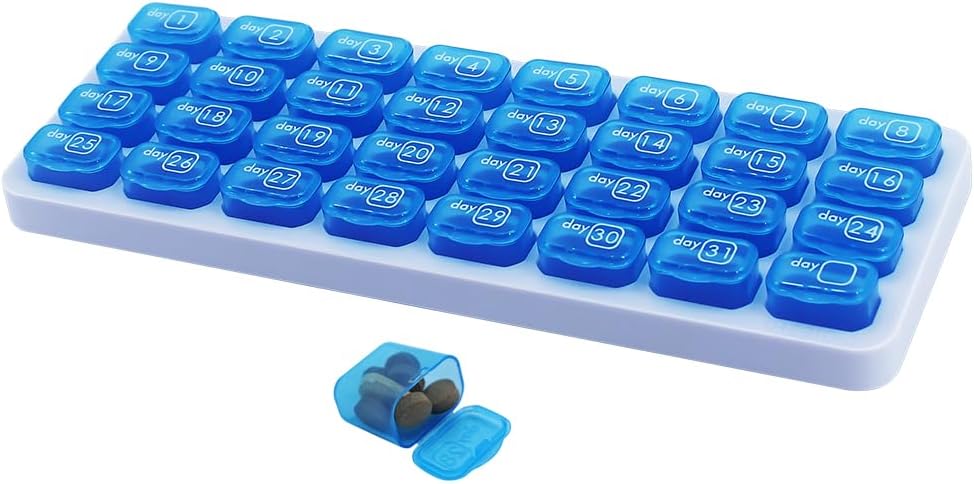 Měsíční Pořadatel pilulek, Velká cestovní Pill Box 31 Day, Denní Pouzdro Pill, Držák pilulky Kontejner na vitamín, Medicína, Dodatek, Rybí olej, Modrý