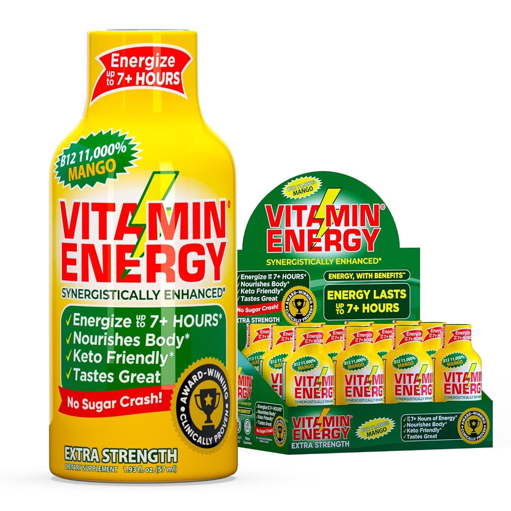 Vitamin Energy B12 11,000% Extra Síla Energy Shot Mango 12 Pack, 260mg přírodní kofein, B12 & B6, nootropní zaměření, Vitalita, Nulový cukr, gluten- Free, Vegan, Kosher, 1.93 fl oz