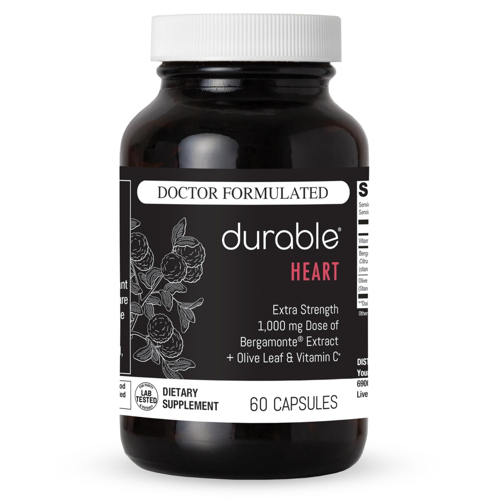 Durable Heart - Bergamonte Citrus Bergamot 1000 mg + Olive Leaf Extract + Vitamin C - Doplněk pro zdraví srdce pro zdravý cholesterol - Doctor Applicated, Vegan, Non- GMO, Made in USA (60 Kapsle)