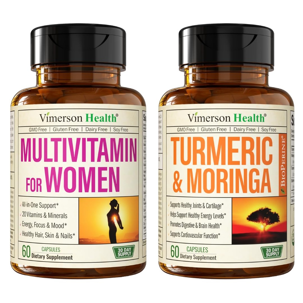 Vimerson Zdraví Ženy Multivitamin & Turmeric Moringa dodatek pro imunitní podporu, energie, nálada, vlasy, kůže, nehty, klouby a trávení.