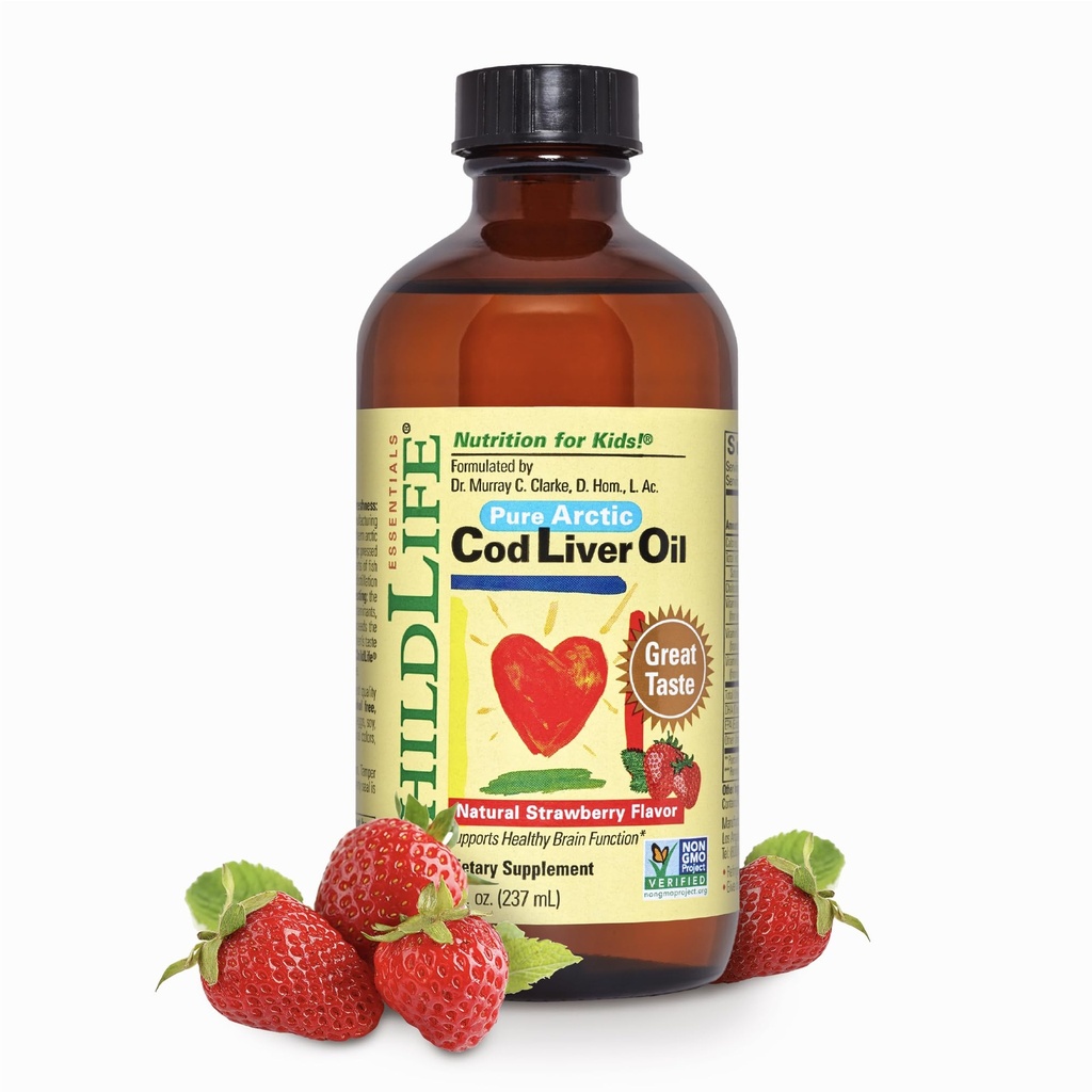 Dětský život ESSENTIALS Cod Jaterní olej pro děti - Dětské Cod Jaterní olej Liquid, pro děti 6 + Měsíce, Toddlers, Přidáno DHA, EPA, Omega33 mastné kyseliny - Jahoda, 8 fl oz