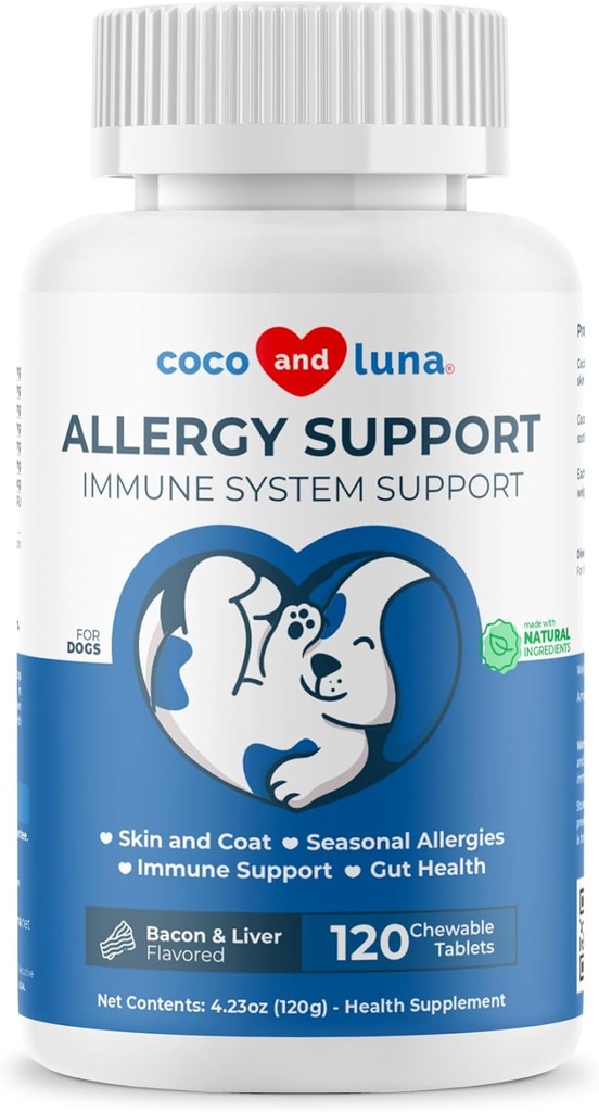 Alergie Podpora psů - 120 Žvýkací tablety - s vitamínem C, Omega 3 a Colostrum - Itch Relief, Alergie Relief pro psy, kůže Soother - s probiotika pro imunitní systém zdraví