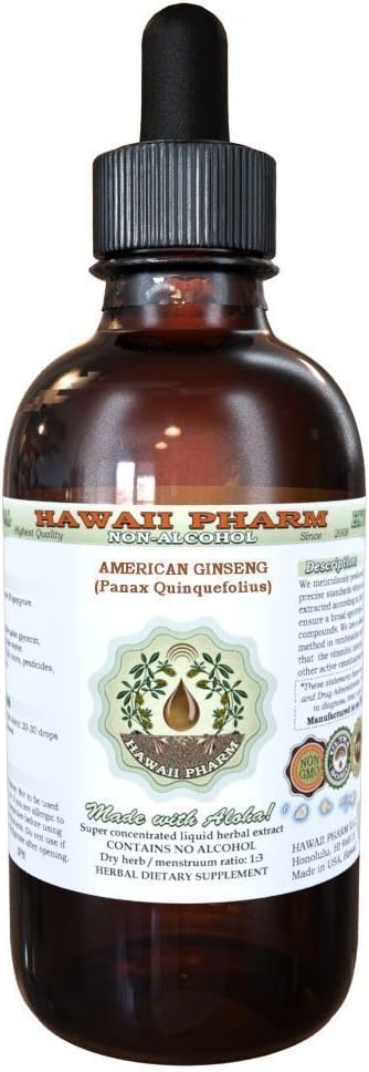 American Ginseng Alcohol- Free Liquid Extract, Ginseng (Panax Quincefolius) Sušený Root Glycerite Hawaii Pharm Natural Bylinný doplněk 4 oz