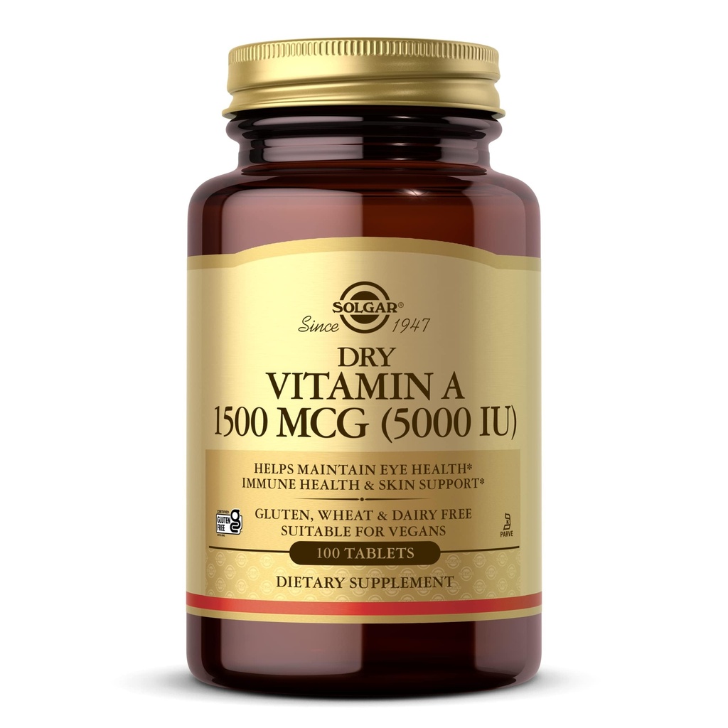 Solgar Dry Vitamin A 1500 mcg (5000 IU), 100 tablet - Podporuje zdravé oči, kůže a imunitní systém - Non- GMO, Vegan, Gluten Free, Dairy Free, Kosher - 100 Služeb