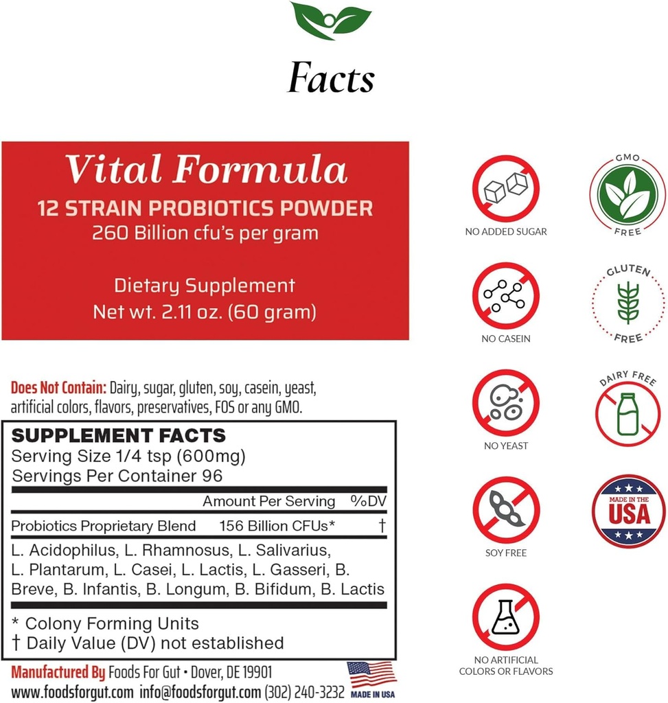 Potraviny pro Gut Vital Formule 12 Stroin Probiotika Prášek 260 Miliardy CFU 124; Vyrobeno v USA 124; Přímé od výrobce 124; No Third- Party Storage 124; Imunity Support 124; 60 Grams (2.11 Oz)