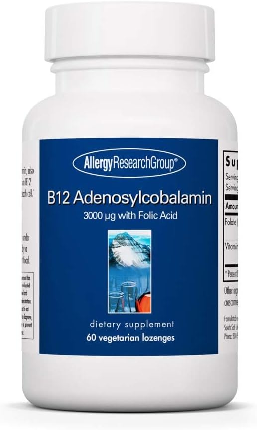 Alergie Research Group B12 Adenosylkobalamin dodatek - s kyselinou listovou, vitamin B12 3000 mcg, folát, Pure B12, Vegetarian Lozenges - 60 Počet