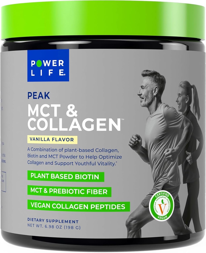 Power Life ® Peak MCT Powder Supplement with Plant- Based Collagen and Biotin - Vanilla Flavor (30 Služeb)