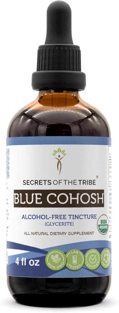 Tajemství Tribe Blue Cohosh Alcohol- Free Tinkture (Glycerite) 659 mg Responsible farming USDA Organic Blue Cohosh (Caulofyllum Thalictroides) Sušený kořenový (4 Fl Oz)