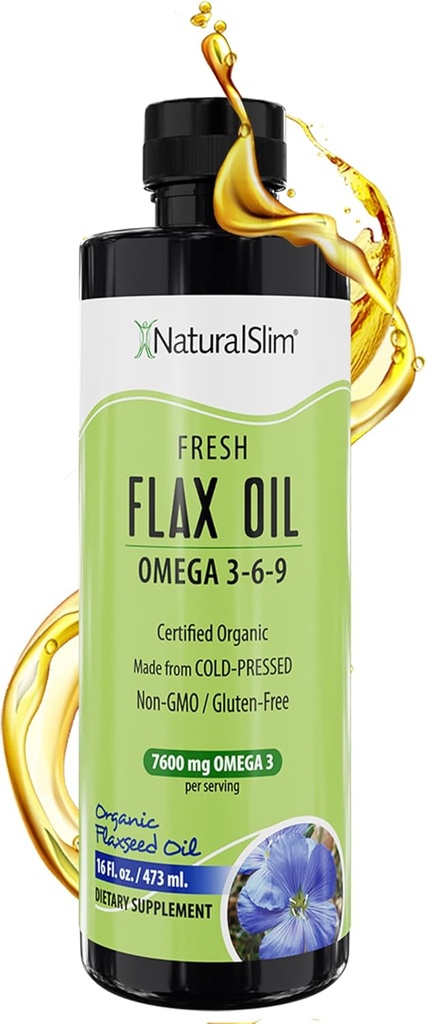 NaturalSlim Flaxseed Oil Liquid Fresh Taste Flax Oil Organic Cold Pressed & High in Omega 3 6 9 Fatty Acid Flax Seed Dodatek pro zdravé buňky, vlasy, kůže, a nehty - Fresh Taste 16 fl. Oz.
