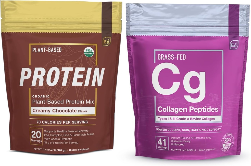 Základní prvky Hydrolyzované kolagen Peptidy Powder & Organic Pea Protein Powder - krémová čokoládová směs 124; klouby, kůže, vlasy, & Podpora nehtů + Low- carb Plant- Based Vegan Blend