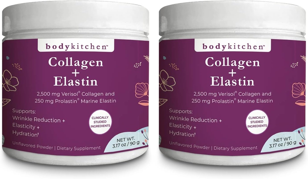 Body Kitchen Collagen a 250 mg Elastin dodatek k podpoře Známky stárnutí, Podpora zdraví pokožky a elasticity, Méně vrásek, Neochucený prášek, bez chuti, Odorless, Barevné, 30 Služeb (2 Pack)