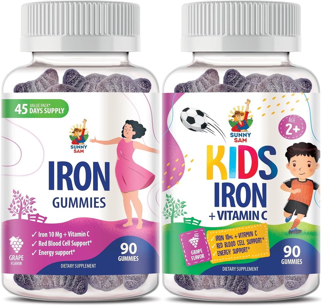 SUNNY SAM Železné gumy pro děti a dospělé - Železné vitamíny s vitaminem C, 10 mg na servírování - Železné žvýkací ovoce Gummy pro imunitní podporu Red Blood Cell Production