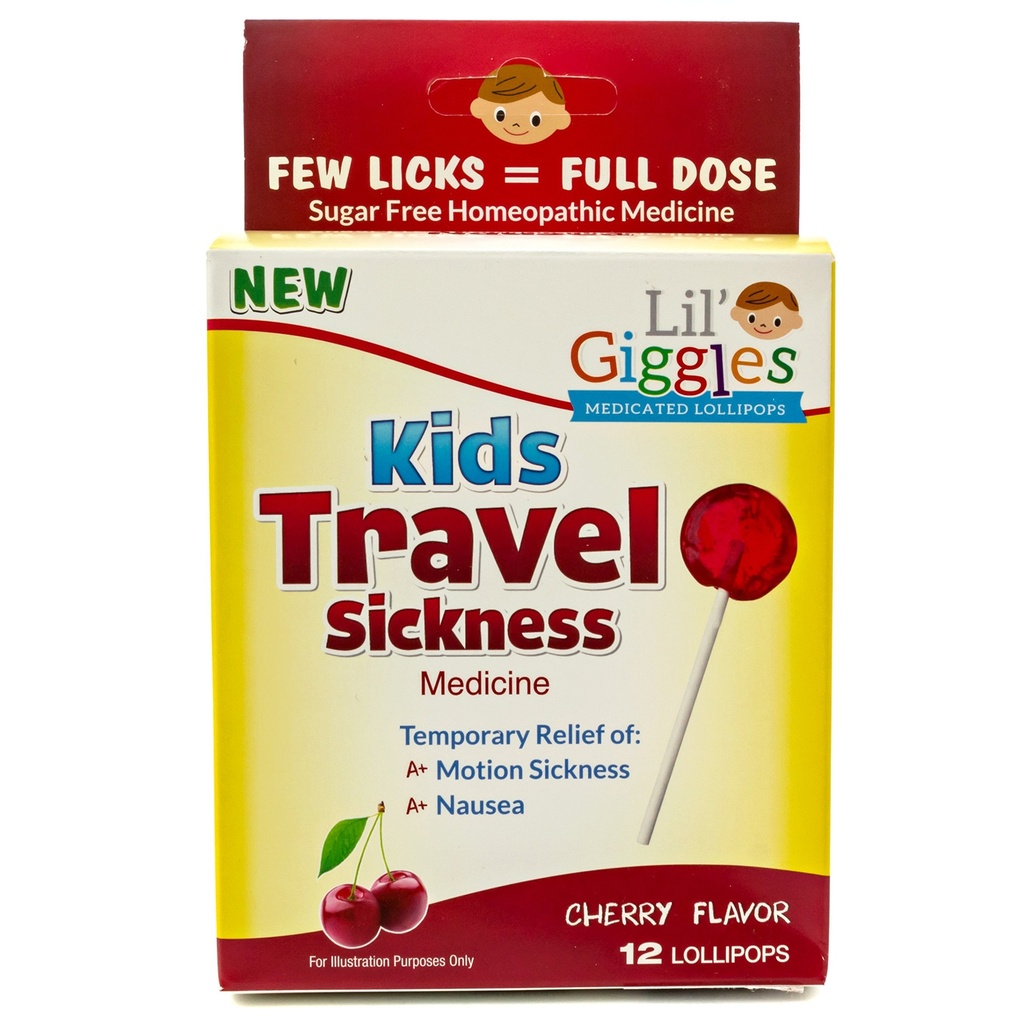 Lil 'Giggles Kids Medicated Lollipops - Sweet Gentle Relief for Kids & Non-ospalost - for Car Disease, Travel Nausea & Motion Disistance Relief - Homeopatická Remedy Children' s Love - Cherry Flavor 12 CT