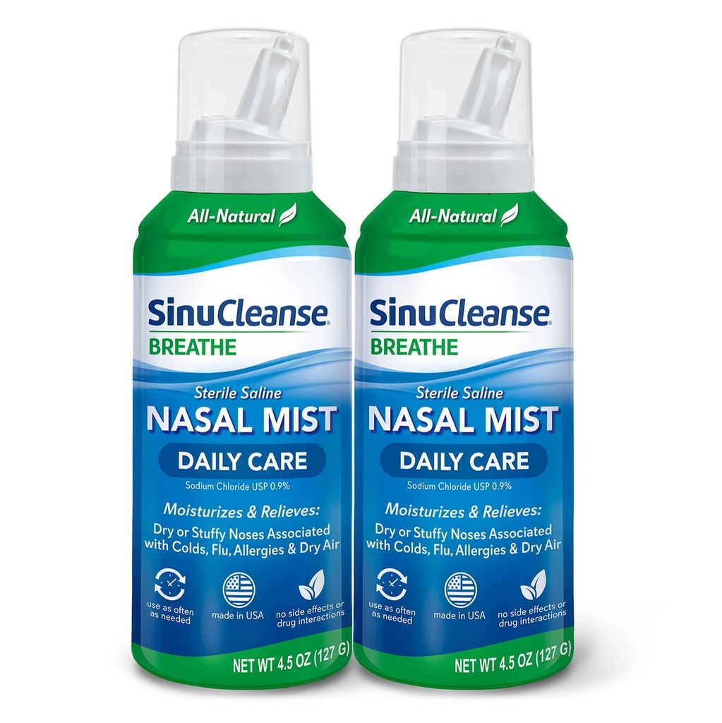 SinuCleanse Daily Care Sterilní Salin Nasal Spray, Ultra Fine Mist, Okamžitě Moisturizes & Relieves Everyday Nasal Congestion Vzhledem k nachlazení a suchého vzduchu, 4.5 Oz (2 Pack), Made in USA