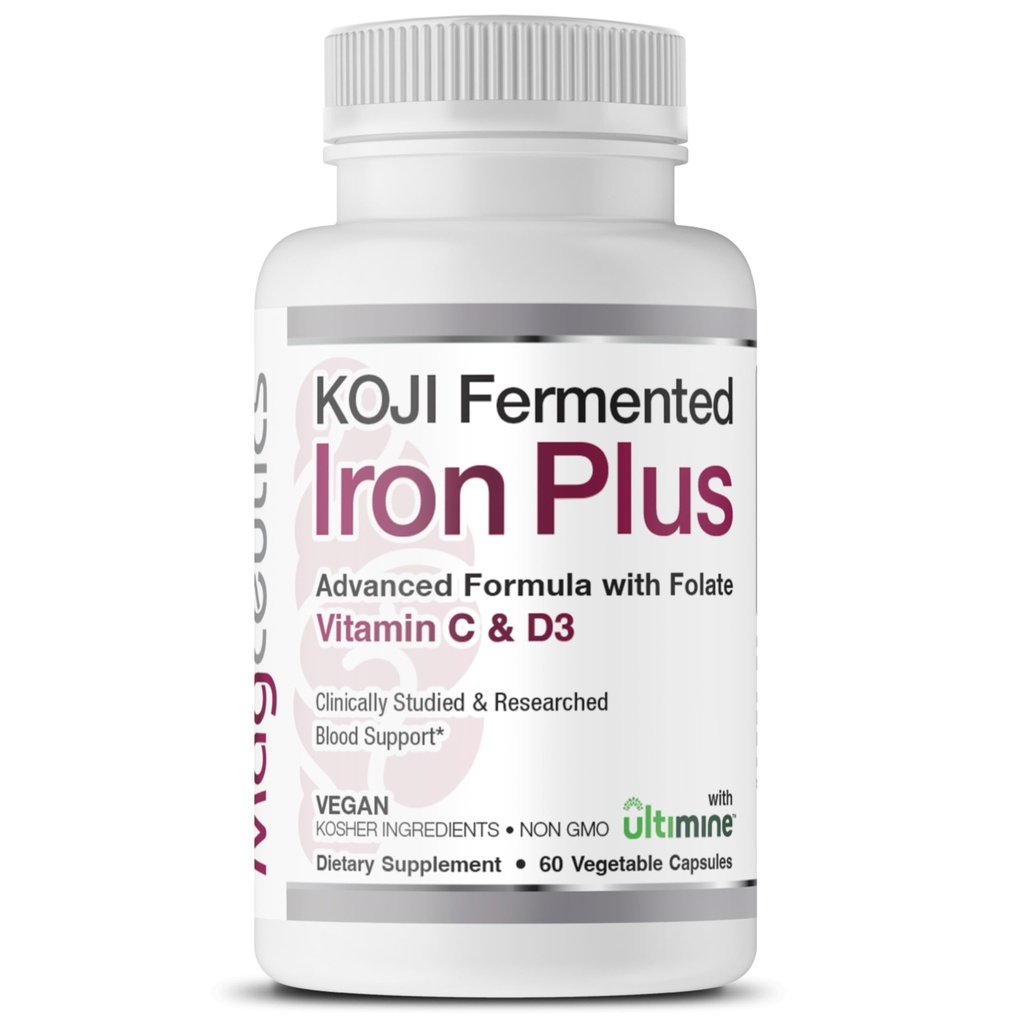Koji Fermented Iron Plus - Železný dodatek s vitamínem C, vitamin D3 a folát pro podporu krve, snadno absorbovaný a biologicky dostupný, žaludek Friendly, Vegan, Non- GMO - 60 Kapsle