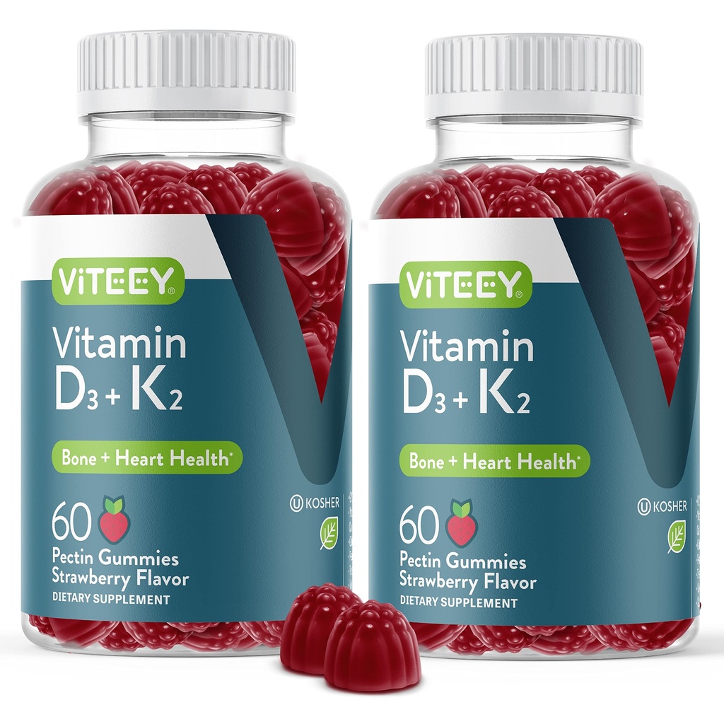 VITEEY Vitamin D3 K2 Gummie - 1000 IU vitaminu D3 a K2 100mcg - Kostní a srdeční zdraví pro dospělé a dospívající - Vegetarián, želatina zdarma, GMO zdarma - Chutné žvýkací D3K2 Vitamíny Jahodové ochucené Gummy